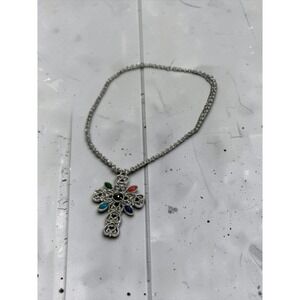 Avon Large Cross Necklace 24" Multi Color Cabochons Silver Tone Vintage Filigree
